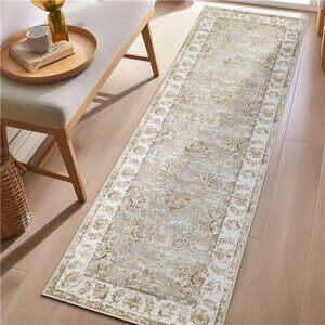 Runner Rug 2x5 Kitchen WashableRug Low Pile Vintage Rug Hallway Rug Taupe Floral